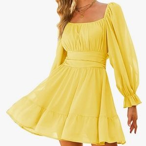 Women Tie Back Long Lantern Sleeve Square Neck Ruff